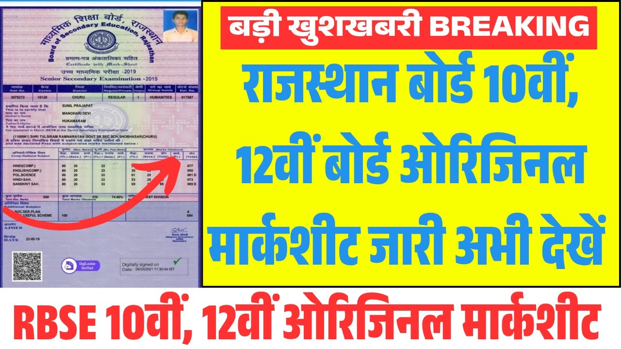 RBSE 10th 12th Original Marksheet 2026